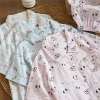 Summer gauze short-sleeved, long pants, short pants, pajama set for women, breathable pure cotton lapel loose cartoon thin home wear details Picture